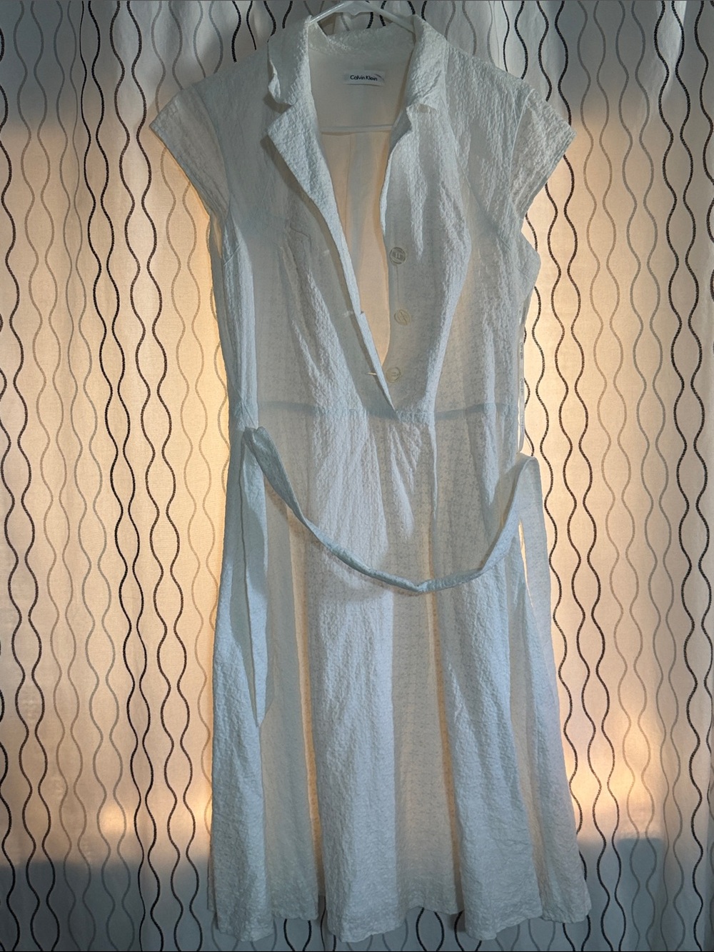 Calvin Klein White Textured Shirt Dress with Tie Waist